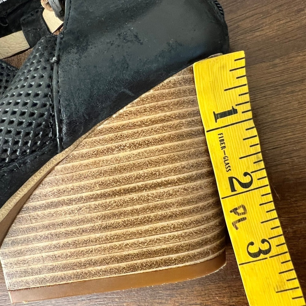 Miz Mooz Knox Black Leather Perforated Wedge Sandals Poop Toe Bootie 9.5 3" Heel - Picture 9 of 11
